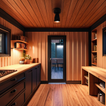 A cozy and stylish container house interior with warm wood and inviting lighting, creating a secret hideaway atmosphere.