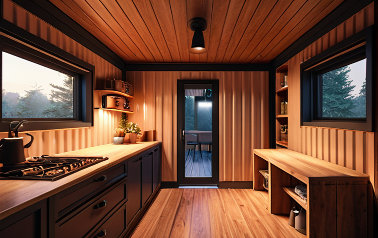 A cozy and stylish container house interior with warm wood and inviting lighting, creating a secret hideaway atmosphere.