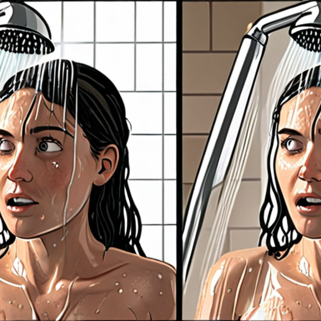 **Prompt:** A split-screen illustration. On one side, a person showering under a traditional showerhead with excessive water flow. On the other side, the same person showering under a modern, water-saving showerhead with a focused, efficient spray. A timer is visible in both scenes, encouraging a 5-minute shower challenge. The overall style is bright, clean, and slightly cartoonish to emphasize the difference and encourage water conservation. "Save Water: 5-Minute Shower" is written above.