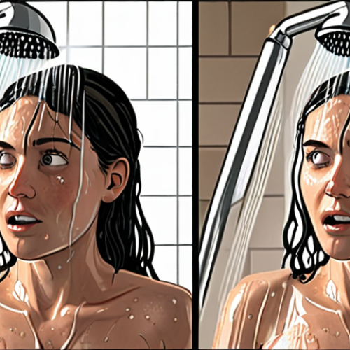 Home 6 **Prompt:** A split-screen illustration. On one side, a person showering under a traditional showerhead with excessive water flow. On the other side, the same person showering under a modern, water-saving showerhead with a focused, efficient spray. A timer is visible in both scenes, encouraging a 5-minute shower challenge. The overall style is bright, clean, and slightly cartoonish to emphasize the difference and encourage water conservation. "Save Water: 5-Minute Shower" is written above.